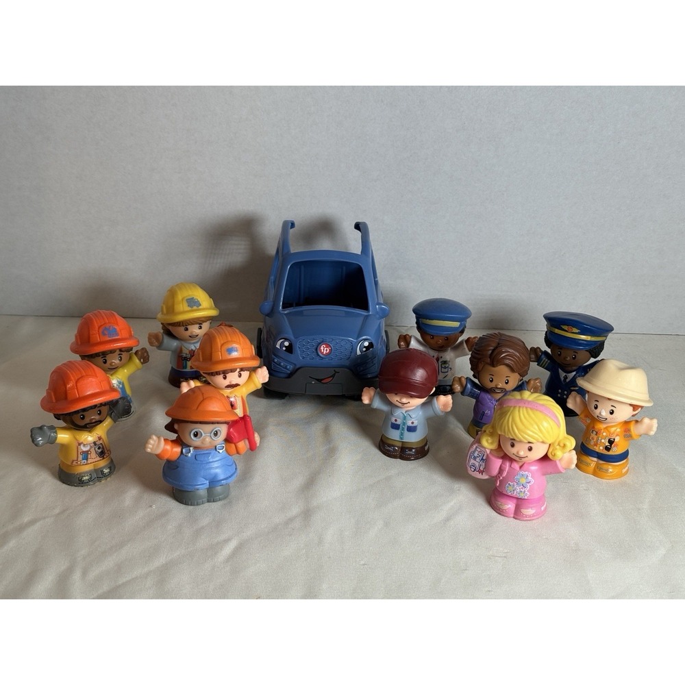 Fisher-Price Little People Lot 11 Figures & Blue Car Vehicle Construction Career